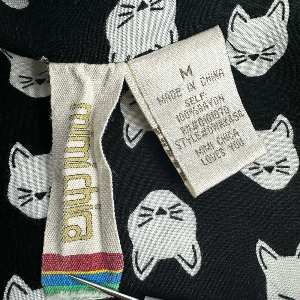 Mimi Chica Cat Mini Dress Women's Medium Black White Pockets Button Front